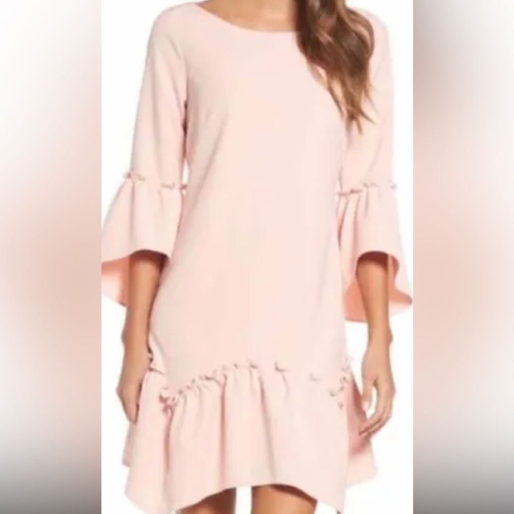 πππNWT Eliza J sz8 Elegant Bright Blush Peach Pink Fluted Sleeve Ruffles Dress - Picture 1 of 8